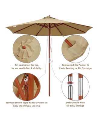 9ft Solid Wood Outdoor Patio Umbrella with Base Included Parasol Wheels Stand for Bistro Market Garden Deck Yard Poolside Tan