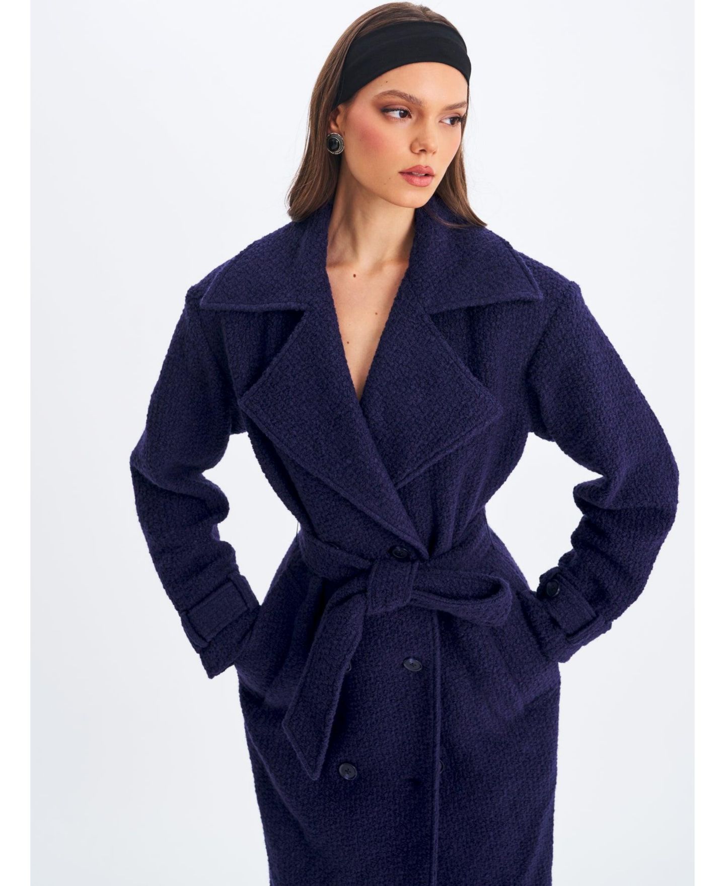 Женское пальто Miss Circle Jaelyn Midnight Blue Wool Blend Double-Breasted Belted, цвет: Тёмно-синий — фото 2
