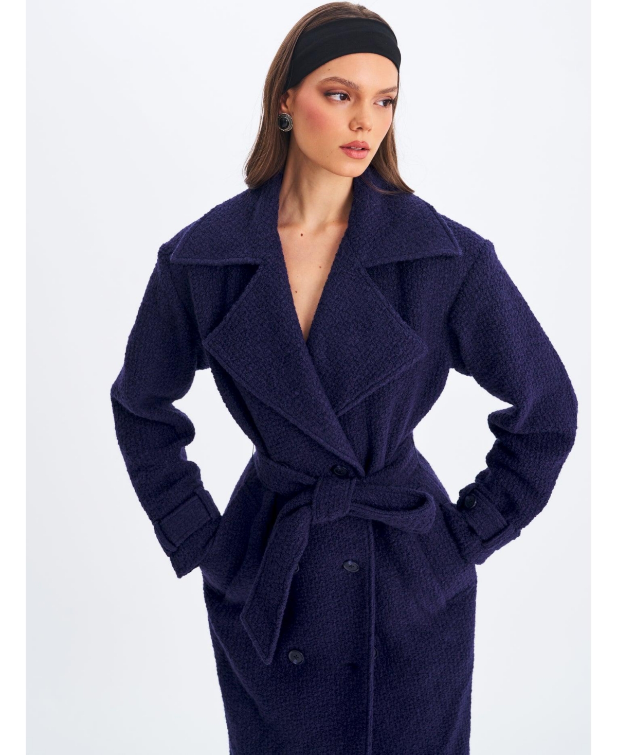 Miss Circle Women Jaelyn Midnight Blue Wool Blend Double-Breasted Belted Coat