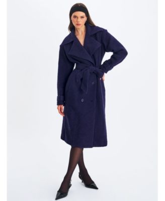 Women Jaelyn Midnight Blue Wool Blend Double-Breasted Belted Coat