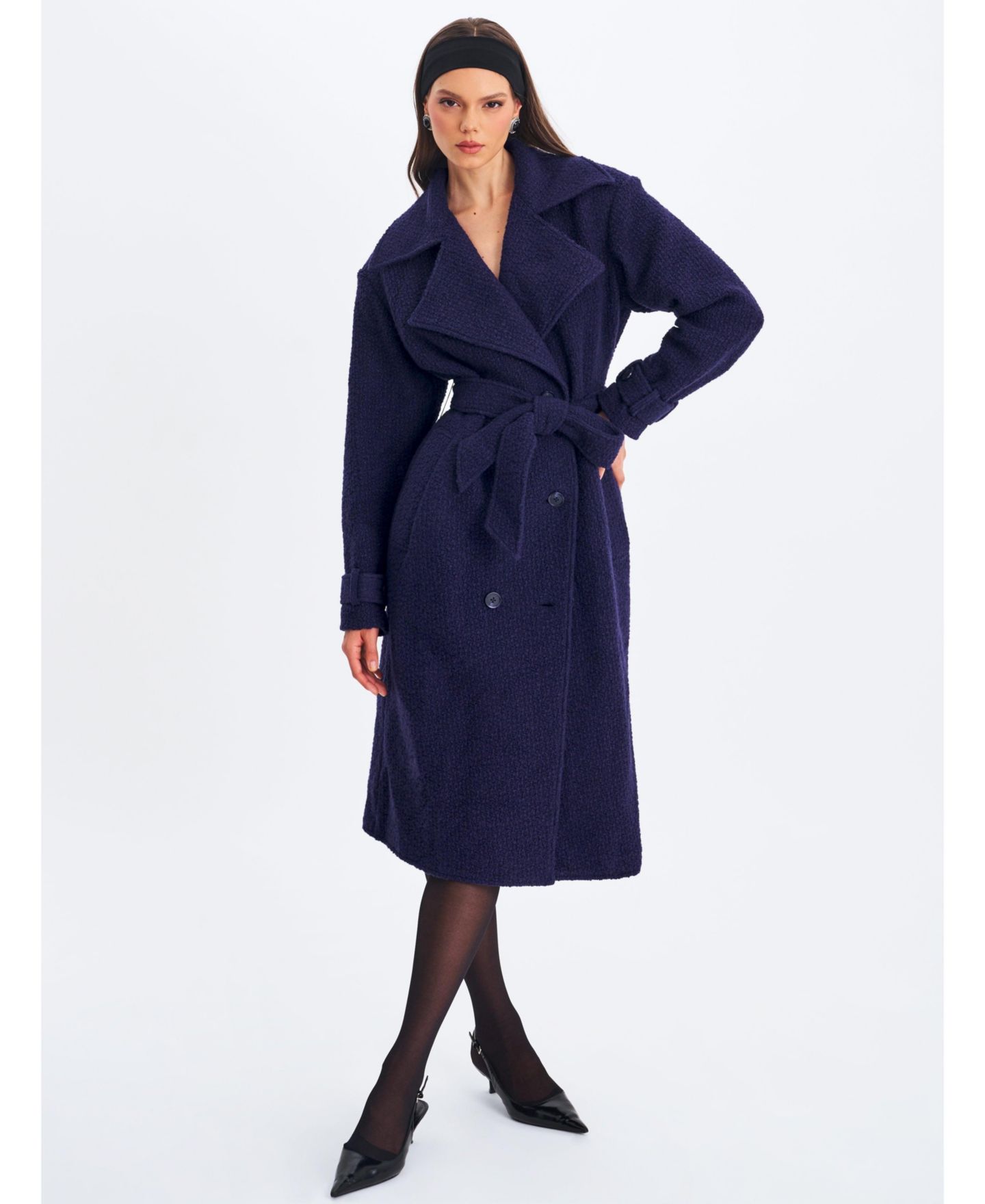 Женское пальто Miss Circle Jaelyn Midnight Blue Wool Blend Double-Breasted Belted, цвет: Тёмно-синий — фото 6