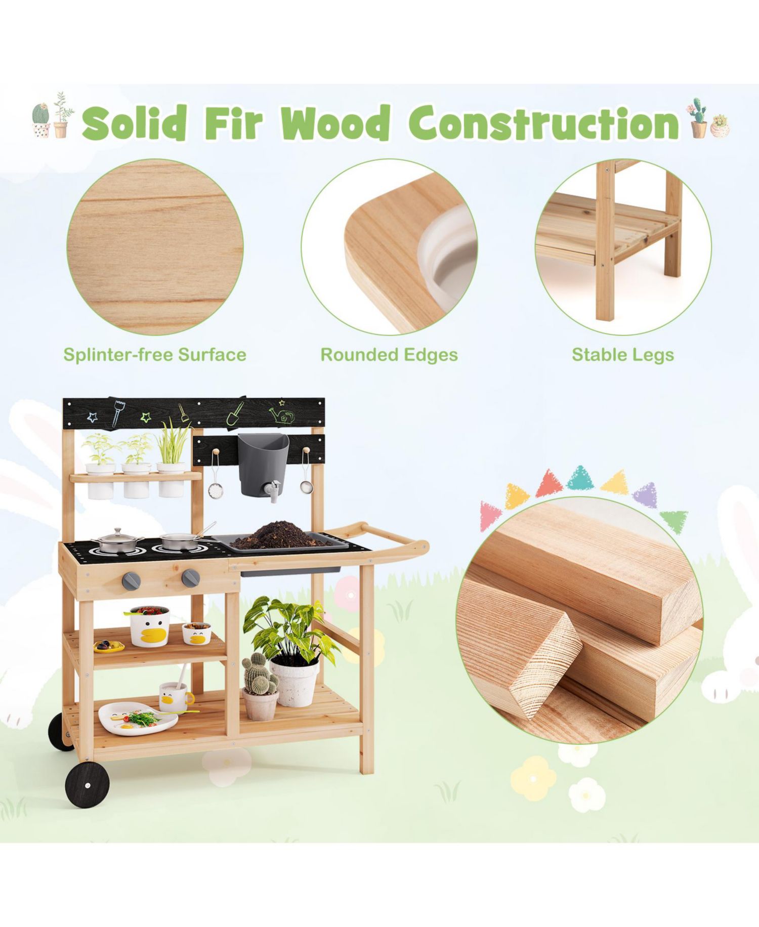 Mud Kitchen Fir Wood with Wheels Outdoor Play Kitchen with Planting Pots