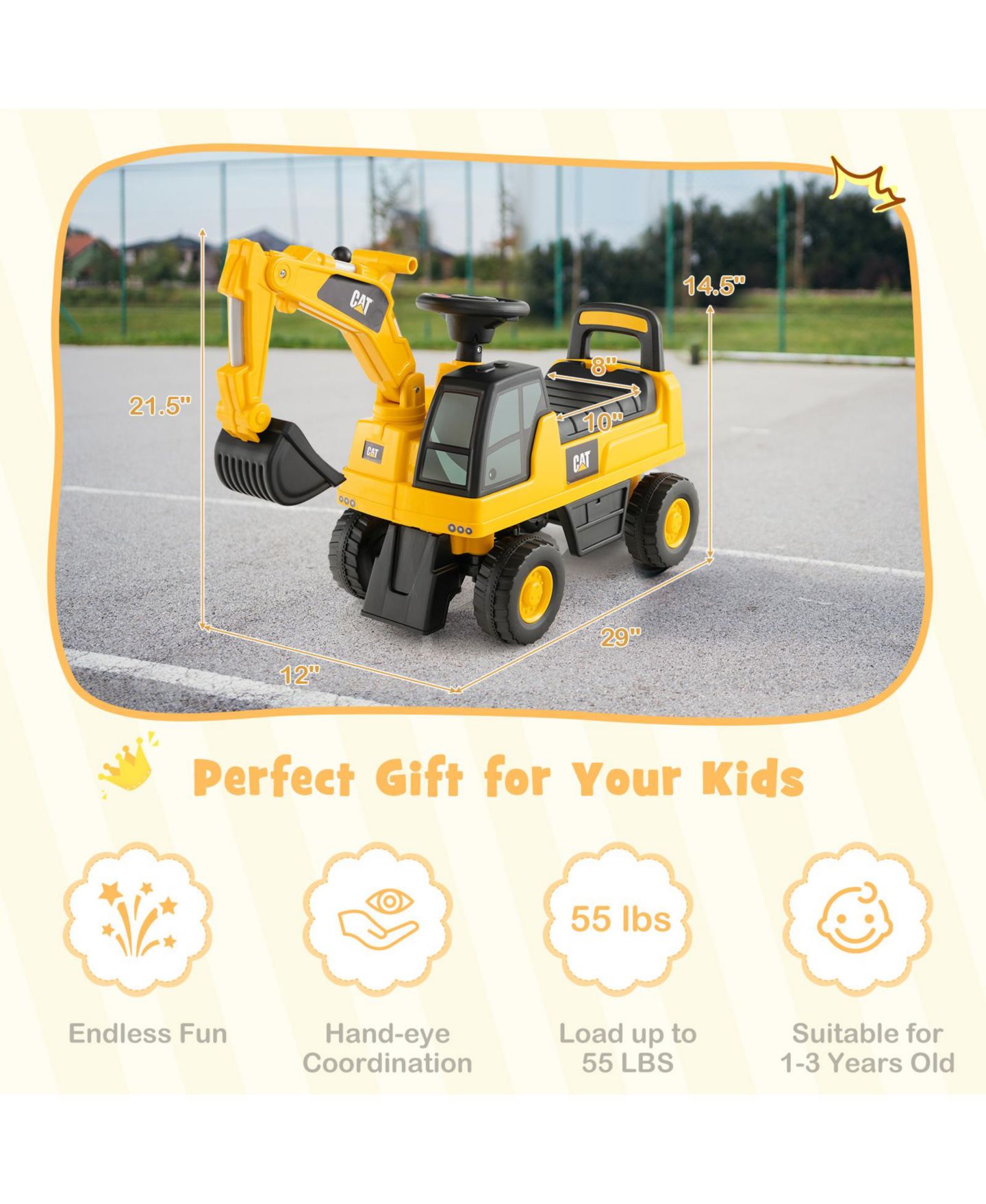 Детский экскаватор-каталка Costway Caterpillar с регулируемым ковшом, до 55 фунтов, цвет: Жёлтый — фото 6