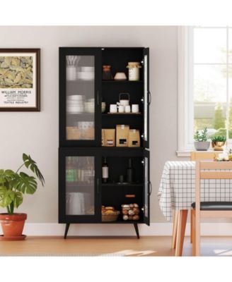Kitchen Pantry Cabinet with Translucent Fluted Doors & Adjustable Shelf