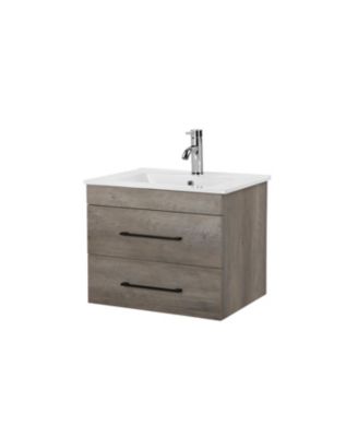 Grey Wood Vanity, Ceramic Sink, Mirror - Modern Bathroom
