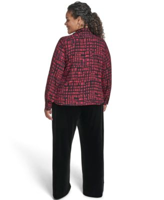 Plus Size Printed Long Sleeves Tie Neck Top