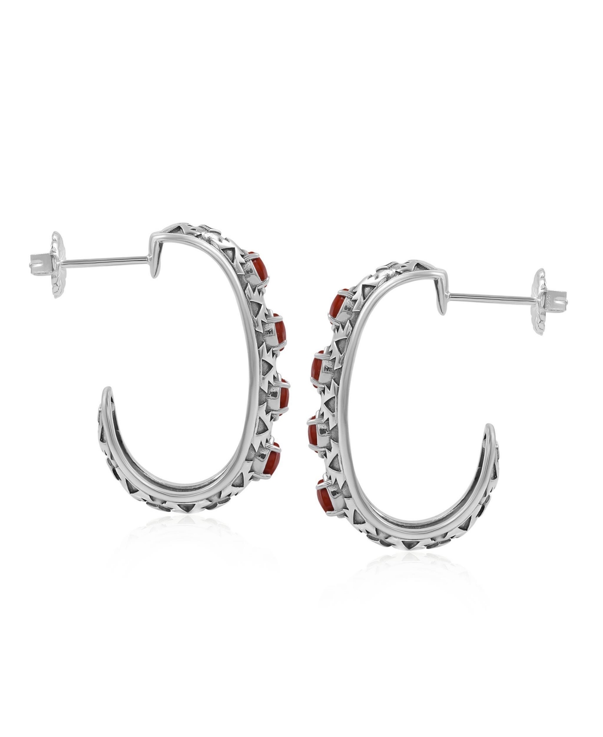 American West Jewelry Sterling Silver Red Jasper Patterned J-Hoop 1 Inch Earrings