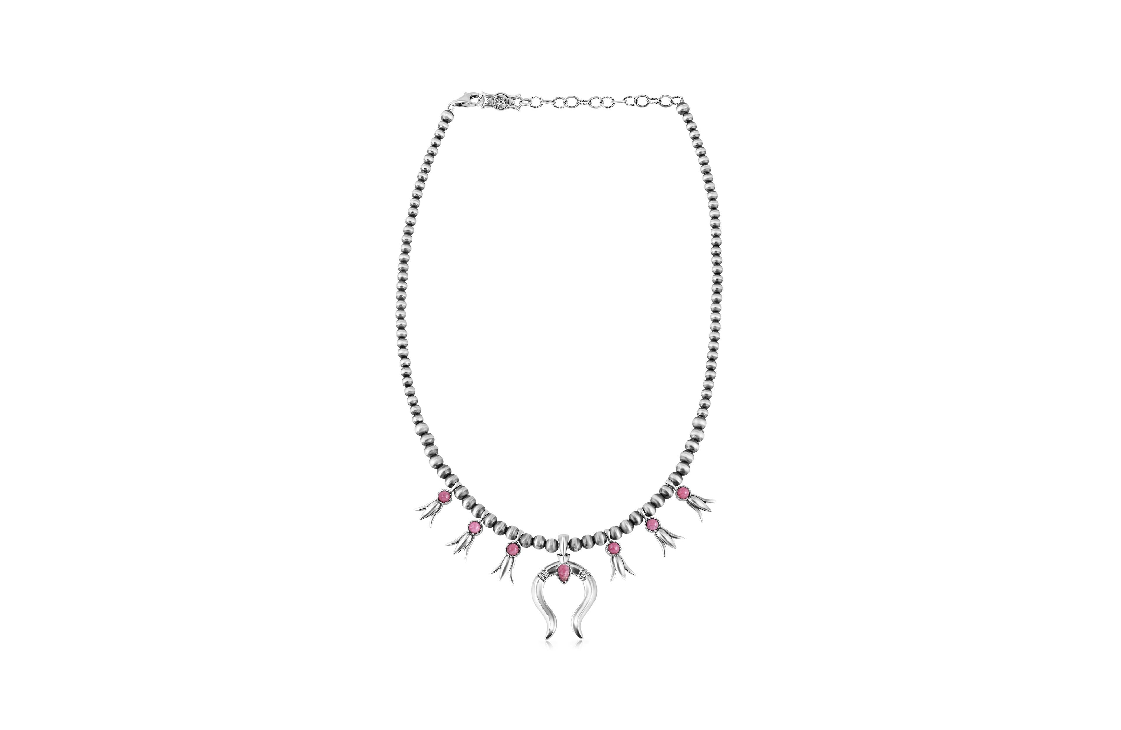 American West Jewelry Sterling Silver Rhodonite Beaded Squash Blossom Necklace, 16 to 19 Inches