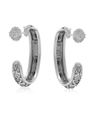 Sterling Silver Black Onyx Patterned J-Hoop 1 Inch Earrings