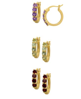 3-Pairs Amethyst, Peridot and Garnet (2-1/3 ct. t.w.) Round Halo Huggie Hoop Earrings in 14k Gold over Sterling Silver