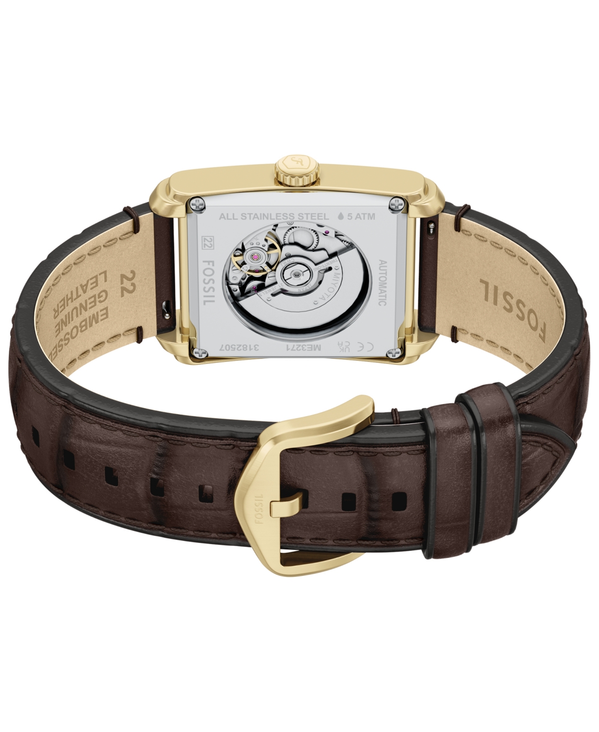 Fossil Carraway Automatic Brown Croc-embossed Leather Watch, 30mm X 42mm In Gold