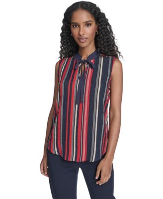 Tommy Hilfiger - Women's Sleeveless Striped Tie V-Neck Blouse