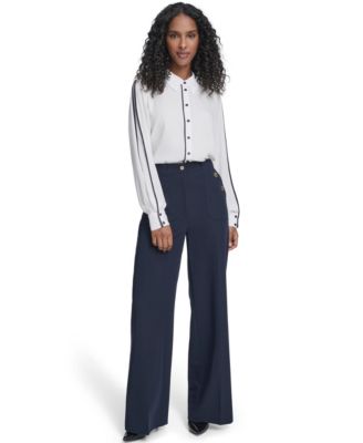 Women's Long Sleeve Contrast Trim Button-Up Blouse