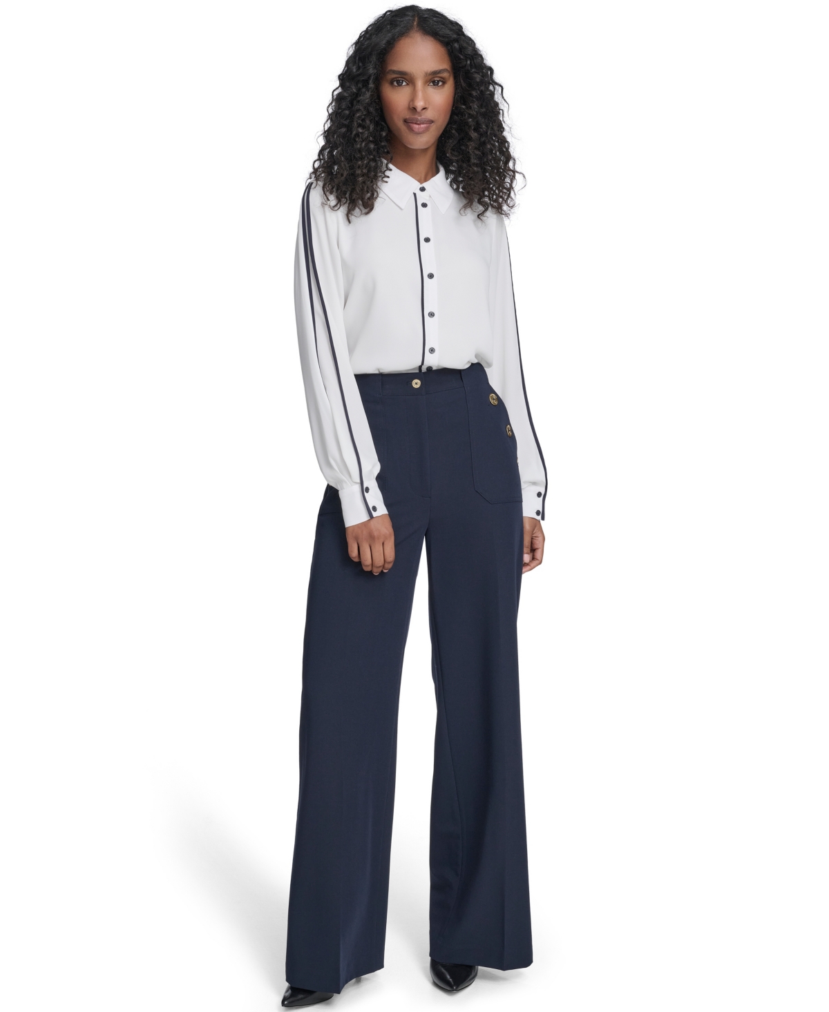 Tommy Hilfiger Women's Long Sleeve Contrast Trim Button-up Blouse In White