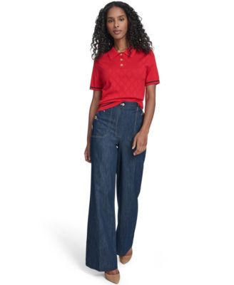 Women's Short Sleeve Pointelle Polo Sweater