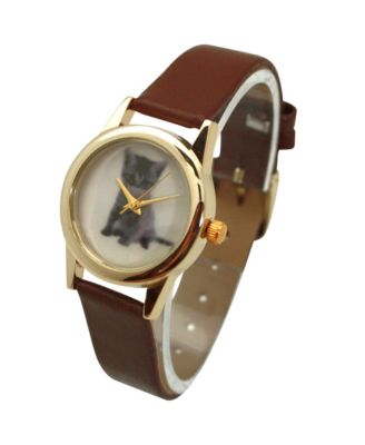 Brown Cat and Dog Face Faux Leather Band Women Watch
