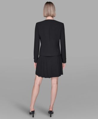 Karl Lagerfeld Womens Embellished Long Sleeve Jacket Short Sleeve Contrast Piping Top Pleated Hardware Detail Skirt In Black