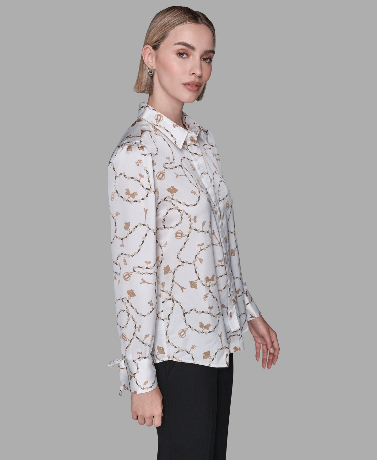 Karl Lagerfeld Women's Collared Printed Long-sleeve Top In White