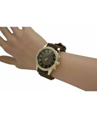 Brown Rhinestone Bezel Silicone Strap Watch
