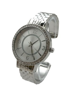 Silver Round Face Rhinestone Bezel Textured Bangle Women Watch