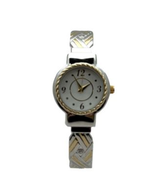 Detailed Bright Metallic Elegant Cuff Women Watch, Two Tone