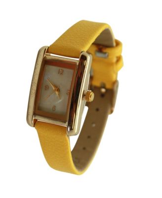 Yellow Thin Gold Square Face Solid Faux Leather Women Watch