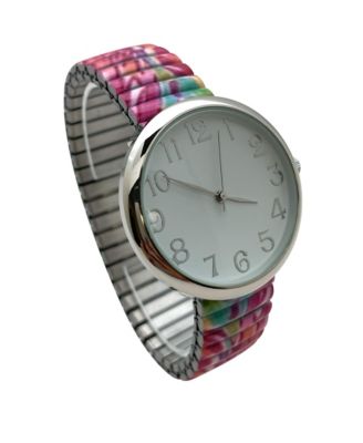 Mix Pink Big Dial Easy Reader Watch Printed Elastic Stretch Band Wristwatch Women Watch