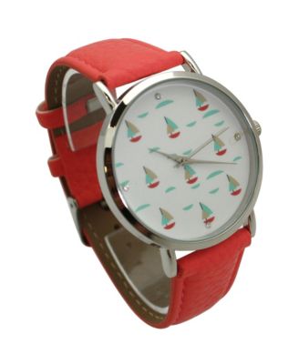 Coral Faux Leather Sailing Boats Dial Women Watch