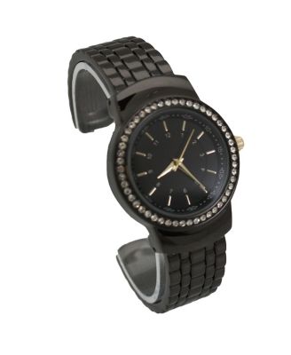 GUNMETAL TEXTURED AND RHINESTONE DETAL BANGLE WATCH