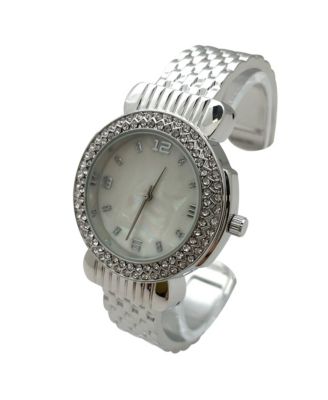 Silver Round Face Rhinestone Bezel Bangle Women Watch