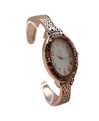Rose Gold Oval Face Elegant Textured Bangle Women Watch