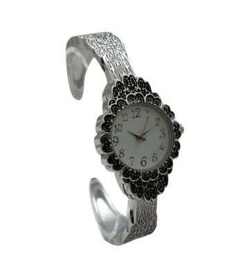 Silver Elegant Flower Detailed Face Bangle Women Watch