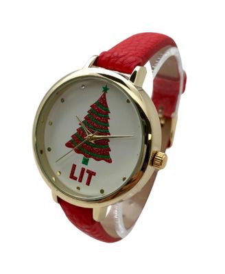 Red Faux Leather Christmas Themed Women Watches