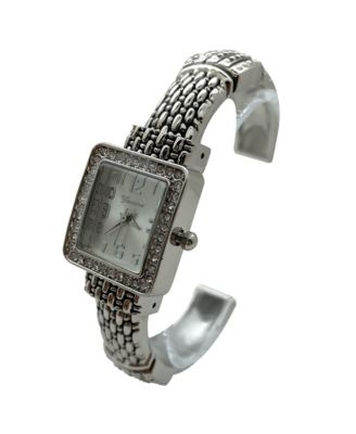 Elegant Detailed Band Square Face Bangle Women Watch, Silver