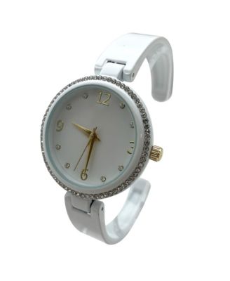 White Round Face Rhinestone Bezel Soft Bangle Women Watch