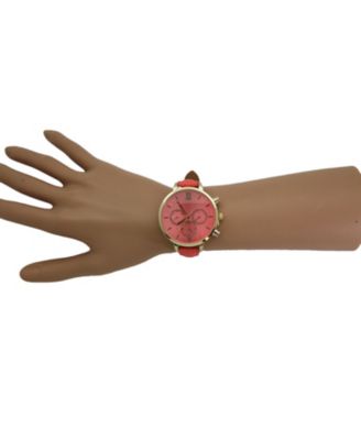 Coral Pink Three Subdial Gold Accented Leather Strap Watch