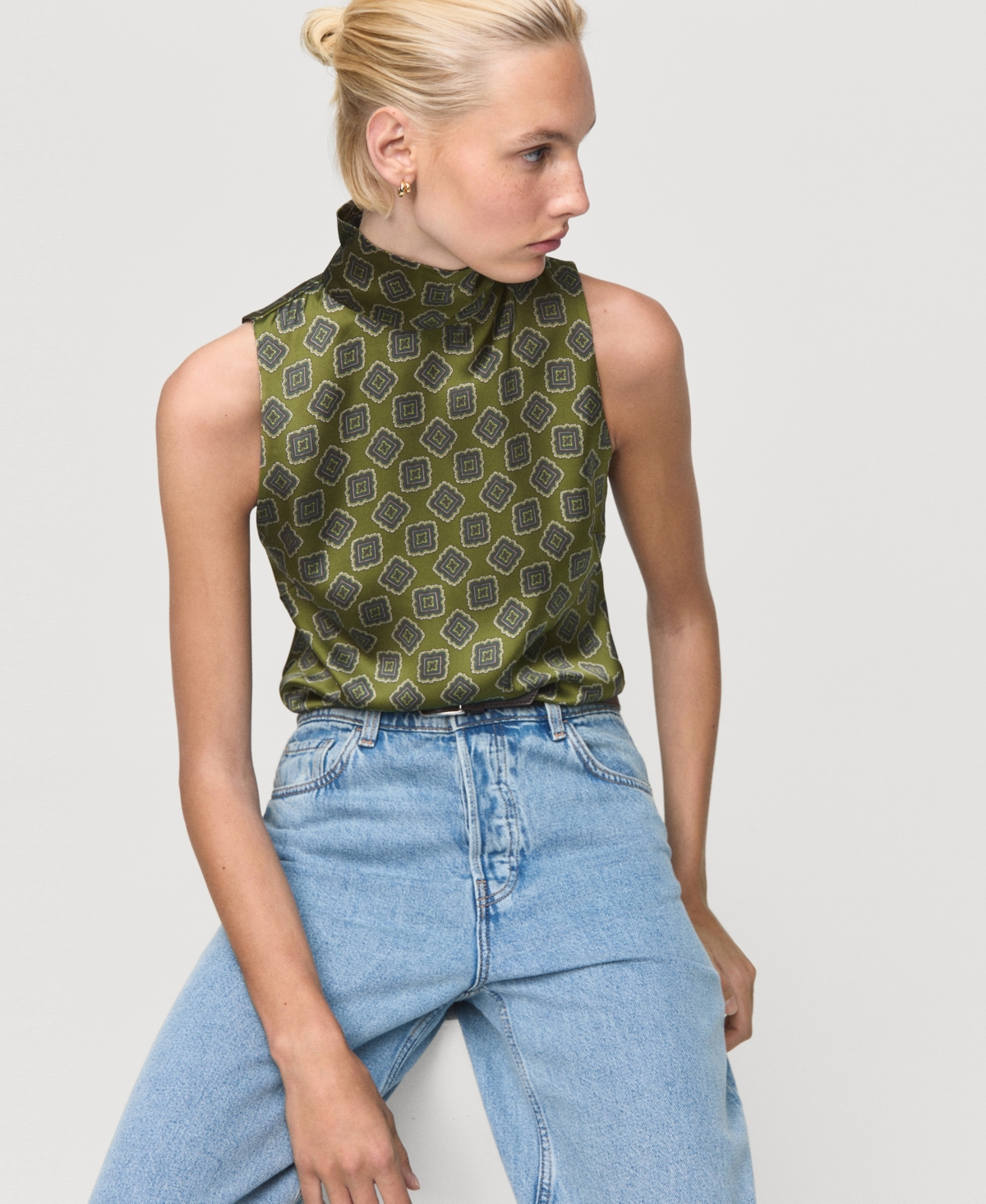 Mango Women's Geometric Print Satin Blouse In Green