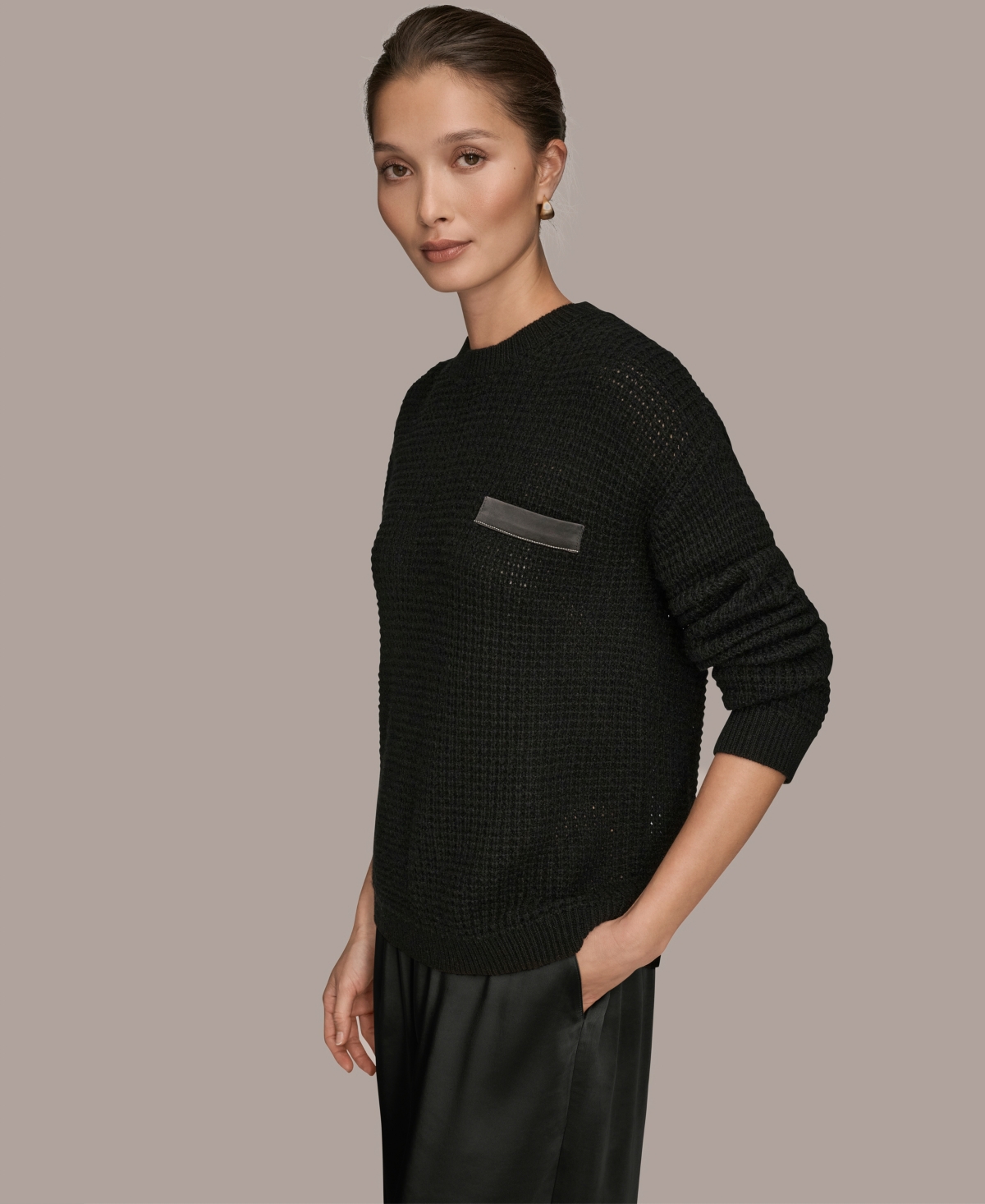 Donna Karan Weekend Women's Long Sleeve Waffle Stitch Sweater In Black