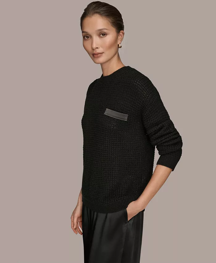Women's Long-Sleeve Wool Cashmere Blend Waffle Stitch Sweater with Chest Pocket - thumbnail 10