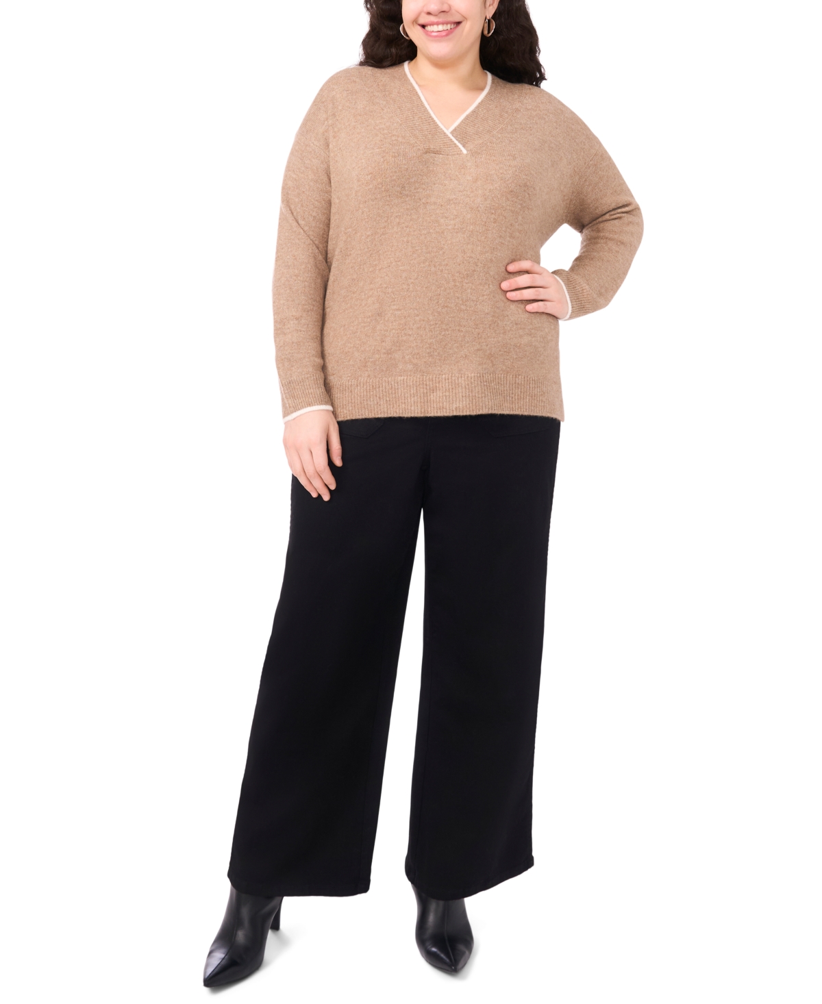 Vince Camuto Plus Size V-neck Side Slit Sweater In Brown