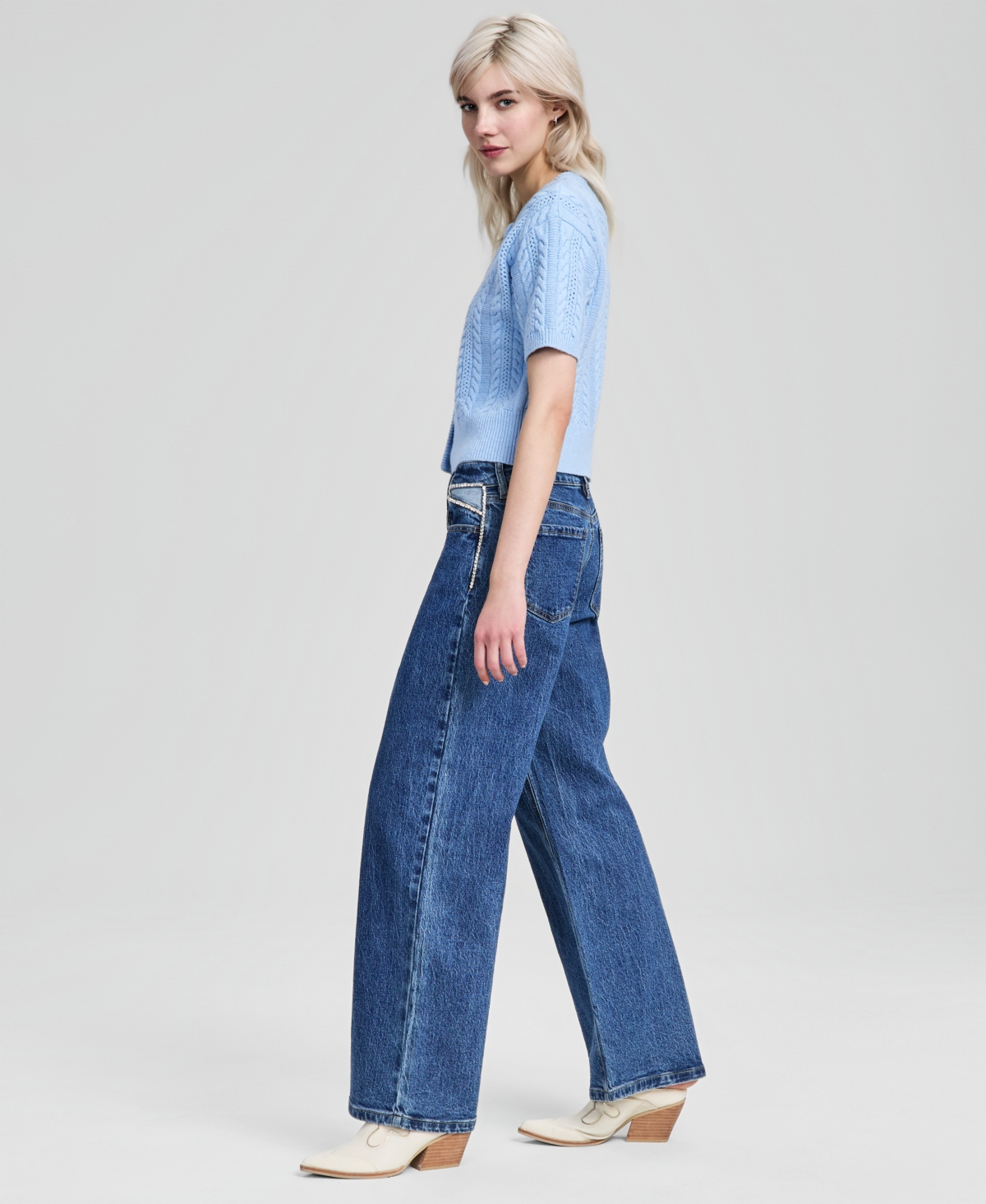 Bar Iii Women's Rhinestone Embellished Wide Leg Jeans, Macy's Exclusive