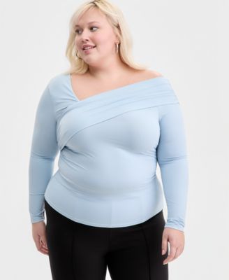 Trendy Plus Size Asymmetrical-Neck Long-Sleeve Top, Macy's Exclusive