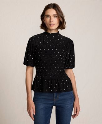 Women's Bubble Sleeve Silky Knit Smocked Mock Neck Top