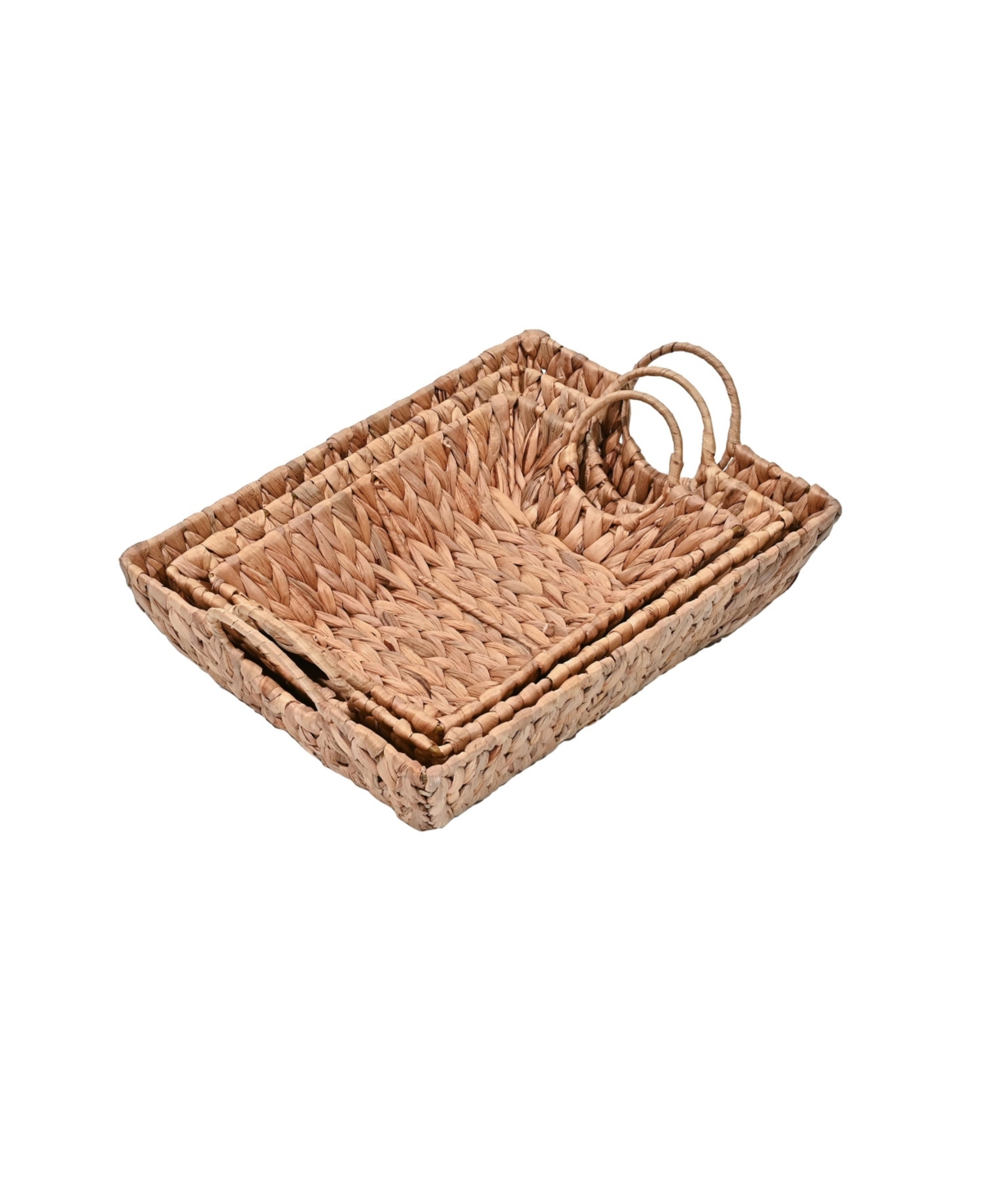 Hand-Woven Hyacinth Rectangular Decorative Basket Trays with Handles (Set of 3)