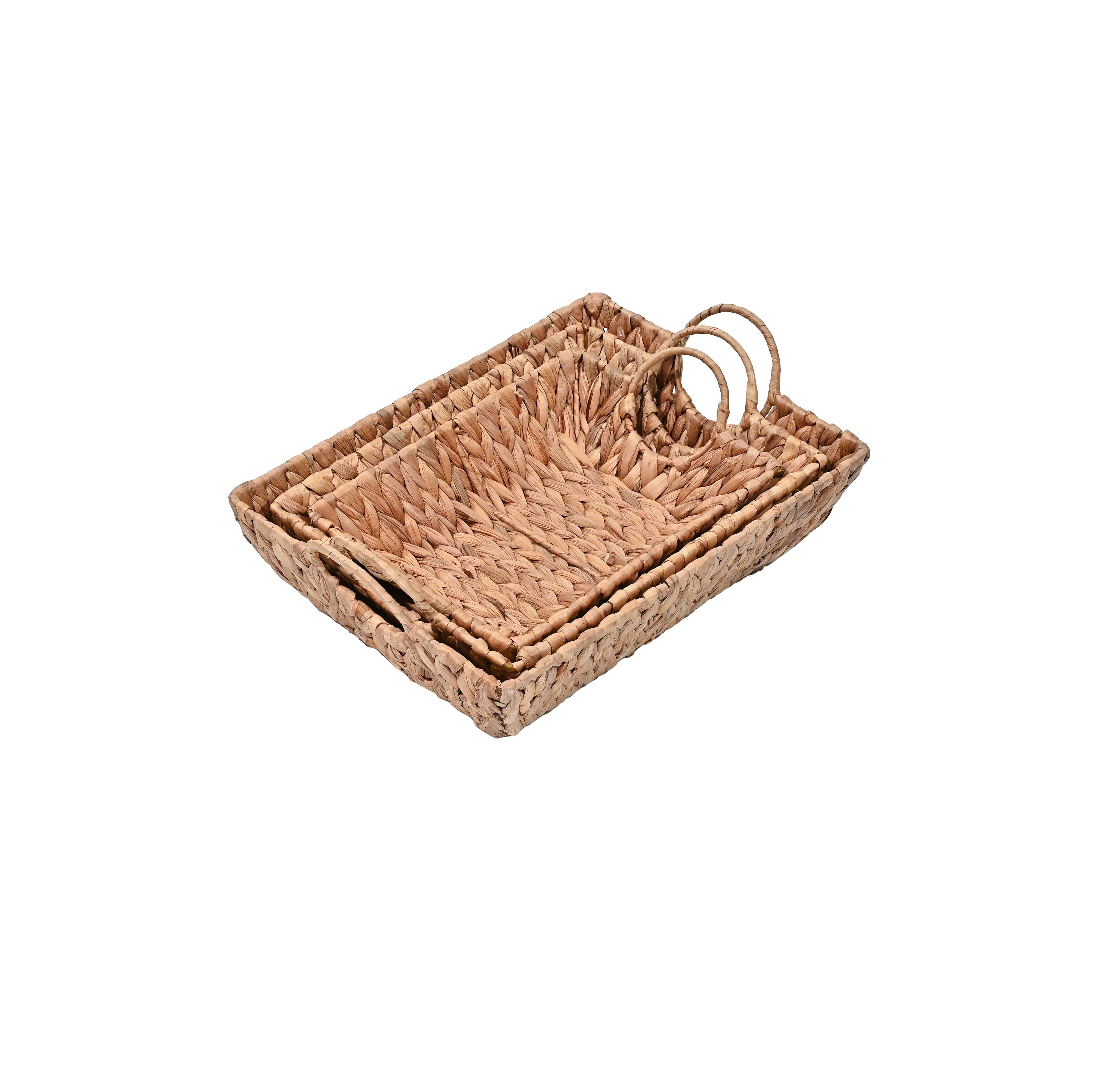Happimess Hand-Woven Hyacinth Rectangular Decorative Basket Trays with Handles (Set of 3)