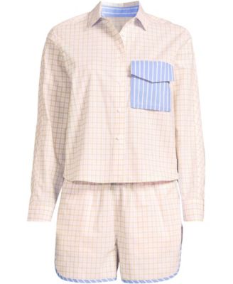 Women's Cotton Poplin 2 Piece Pajama Set - Long Sleeve Top and Shorts with Piping