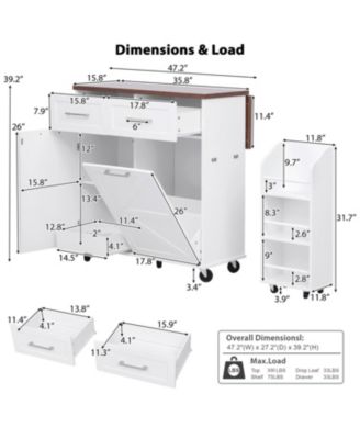 47.2" Farmhouse Kitchen Island with Drop Leaf & Storage, Rolling Cart