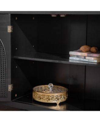 58" Mid-Century MDF & Rattan Magnetic Doors, Adjustable Shelves, Metal Handles Rattan Sideboard Buffet Cabinet