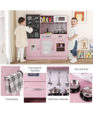 Play Kitchen Toy Set w/ Chalkboard Oven Sink Curtain Microwave Water Dispenser