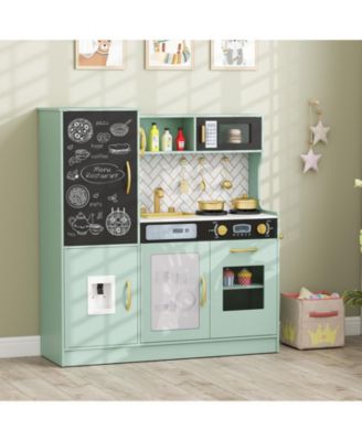 Play Kitchen Toy Set w/ Chalkboard Oven Sink Curtain Microwave Water Dispenser